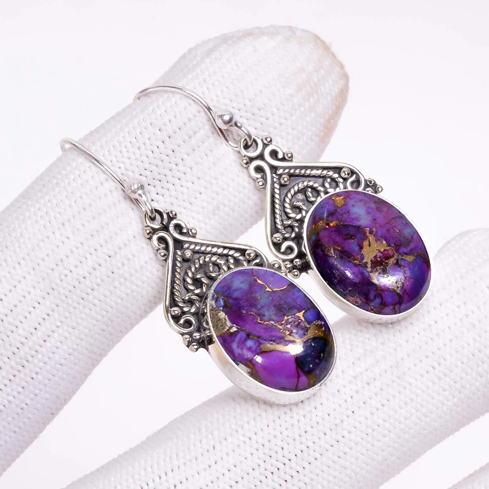 Composite Copper Purple Turquoise 925 Silver Dangle Drop Earring "Cabochon Cut" - Image 3 of 4