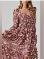 ASTR The Label Floral Pleated Midi Dress Rust Multi Long Sleeve Smocked Size L