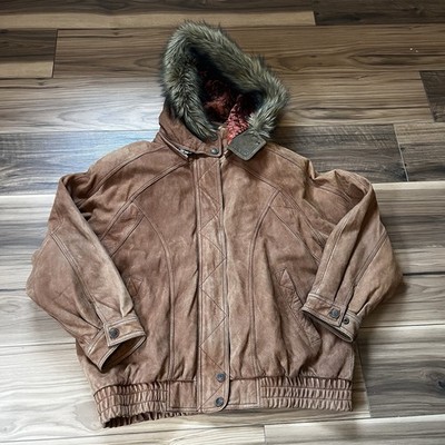 Adventure Bound Wilsons Leather Brown Leather Bomber Jacket Faux Fur Hood XL Men
