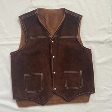 Vintage 70s Brown Suede Leather Sherpa Lined Western Vest Snap Front Pockets