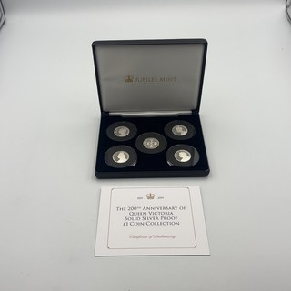 Juego de 5 monedas de plata Alderney Queen Victoria 2019 200 aniversario £1 prueba