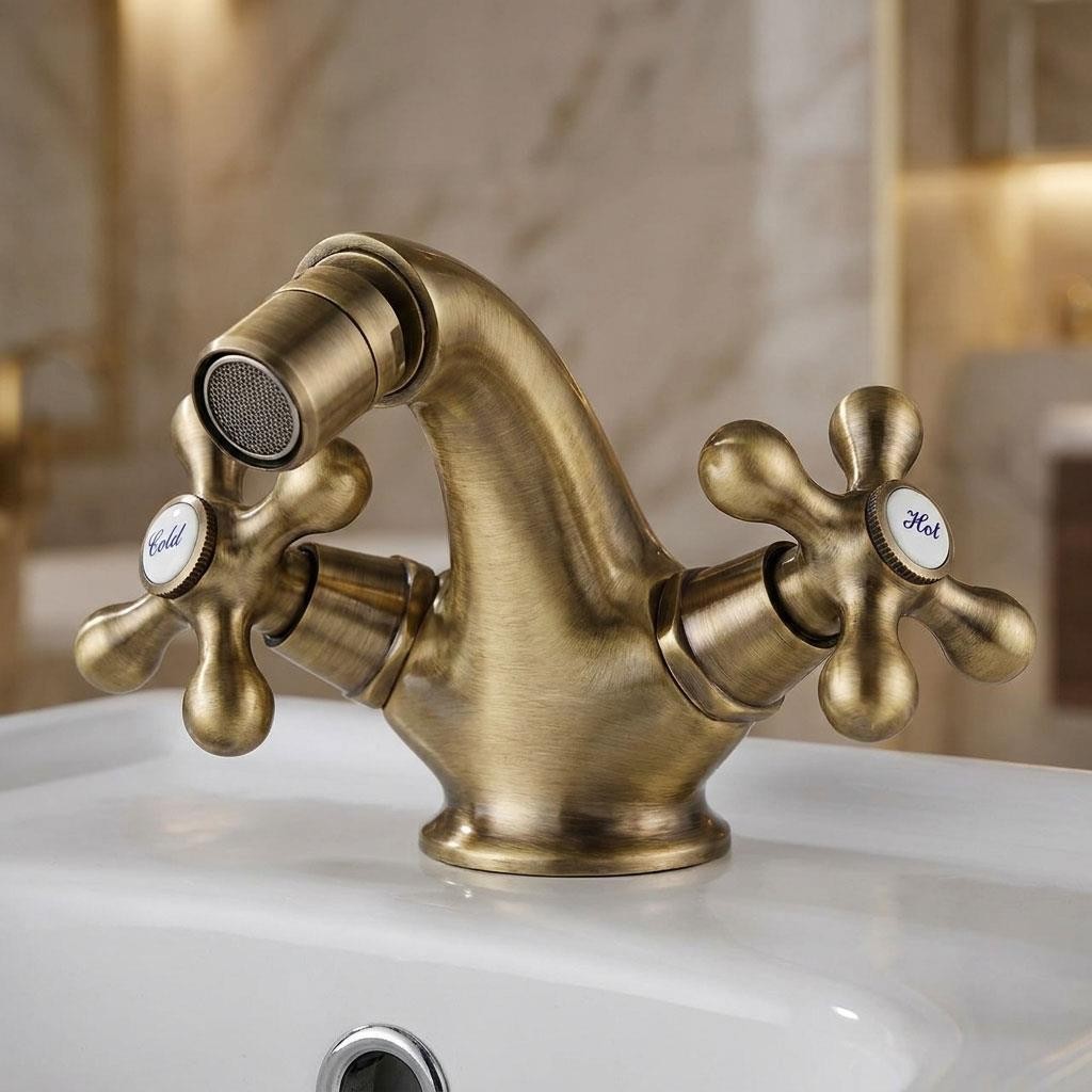 Elegant Bidet Tap Antique Brass With Ancient Retro Heads