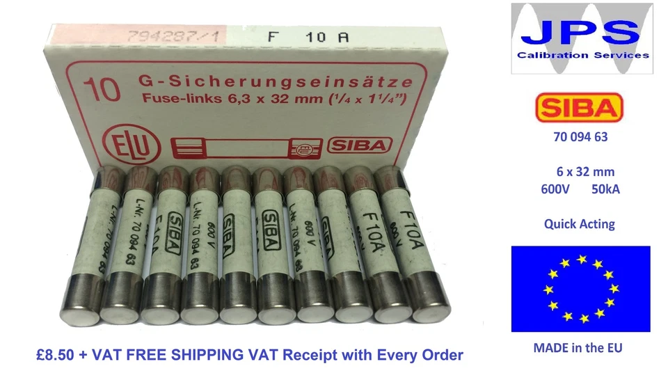 SIBA 70 094 63 10A 600V Pack of 10 Fuses for FLUKE Fused Test Leads JPSF010 NEW