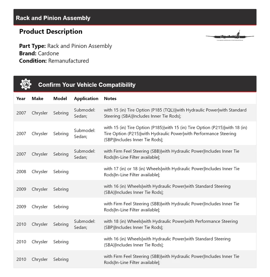 Para 2007-2010 Chrysler Sebring rack e pinhão conjunto Cardone 2008 2009 - Imagem 2 de 4