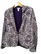Chicos Blazer Medallion Print Blue Tan White Single Button Front Size 1 M Career