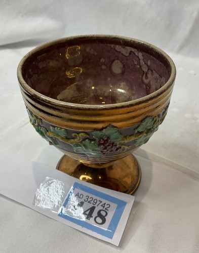 EARLY ANTIQUE COPPER LUSTREWARE GOBLET WINE MOULDED GRAPES VINES CUP BOWL DRINK - Picture 9 of 12