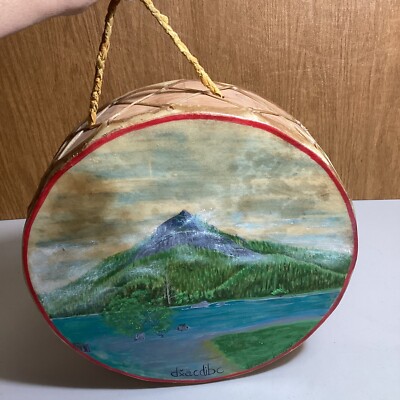 Jeannie Johnson dxacdicb 13  Rawhide Drum Signed 2014 Native Art Mountain Scene
