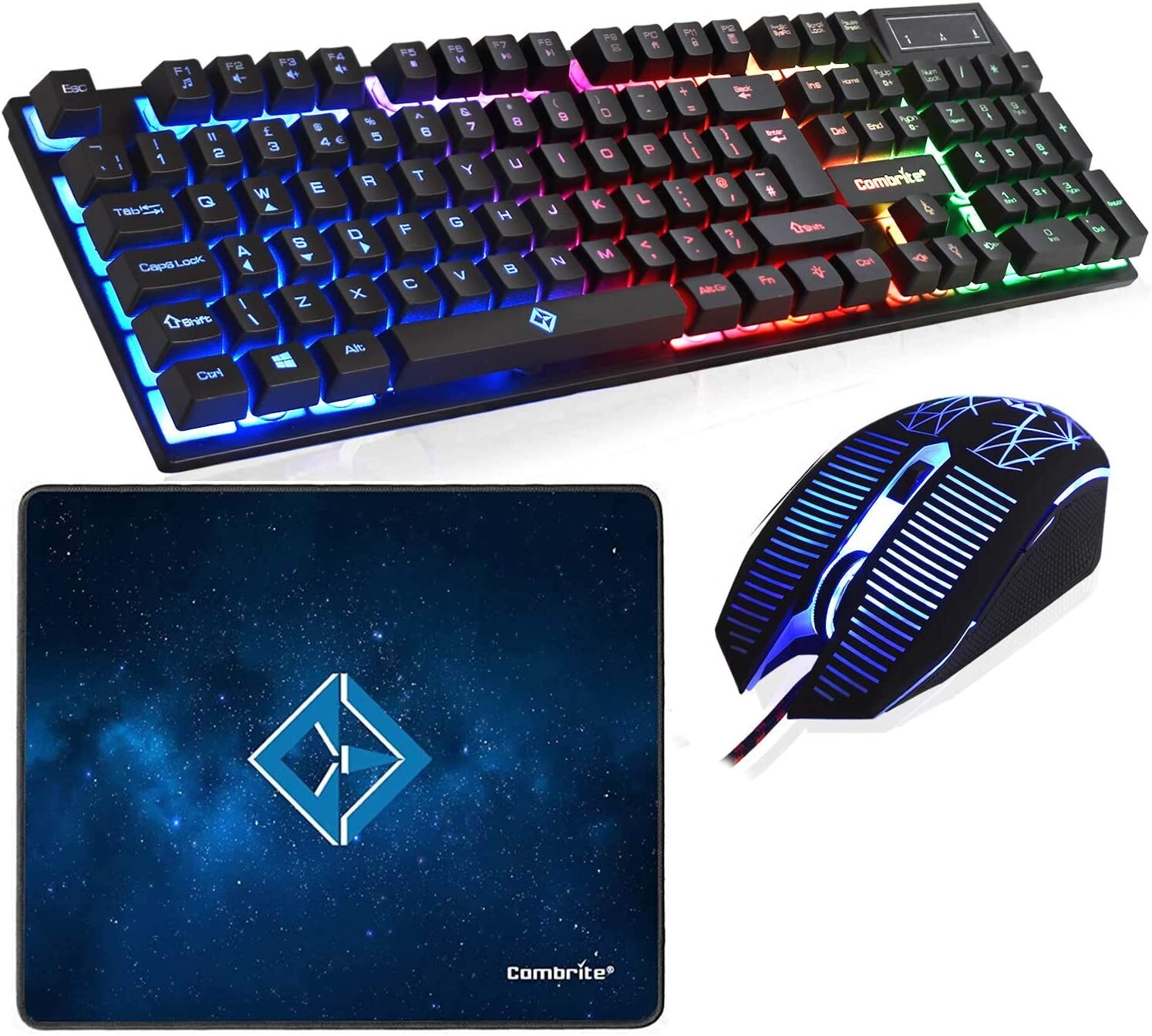 Combrite Raptor Gaming Keyboard And Mouse Set With Large Mouse Pad, Rainbow Led, Usb Wired Desktop Combo, English Uk Layout - Image 2