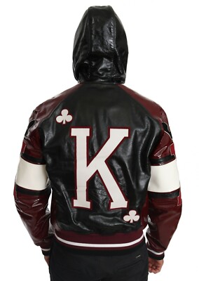 DOLCE & GABBANA Jacket Black Bordeaux Hooded Leather DG King of