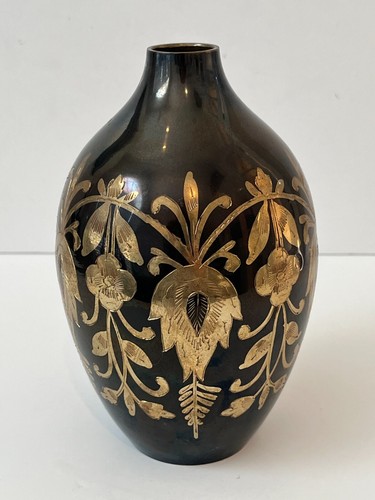 Vintage Solid Etched Brass Handmade Black & Gold Vase Made In India 7” x 4.5"
