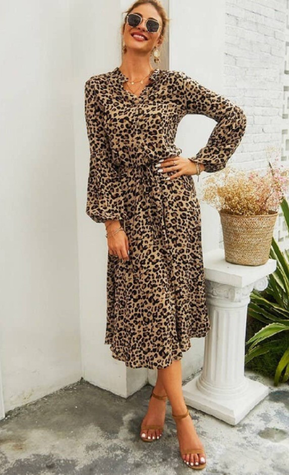 leopard long sleeve midi dress Leopard Long Sleeve Round Neck Smocked Tiered Midi Dress