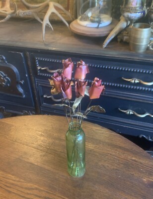 VTG 6 Hand Made Copper Brass Long Stem Roses Flowers 13 -14 T Valentines Day