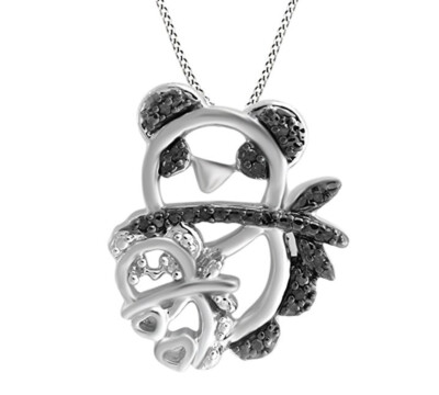 0.06 Ct Black & White Natural Diamond Mom & Baby Panda Pendant 925 Silver