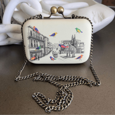 La Rose Desim  Cream Cityscape Clutch with Chain Strap