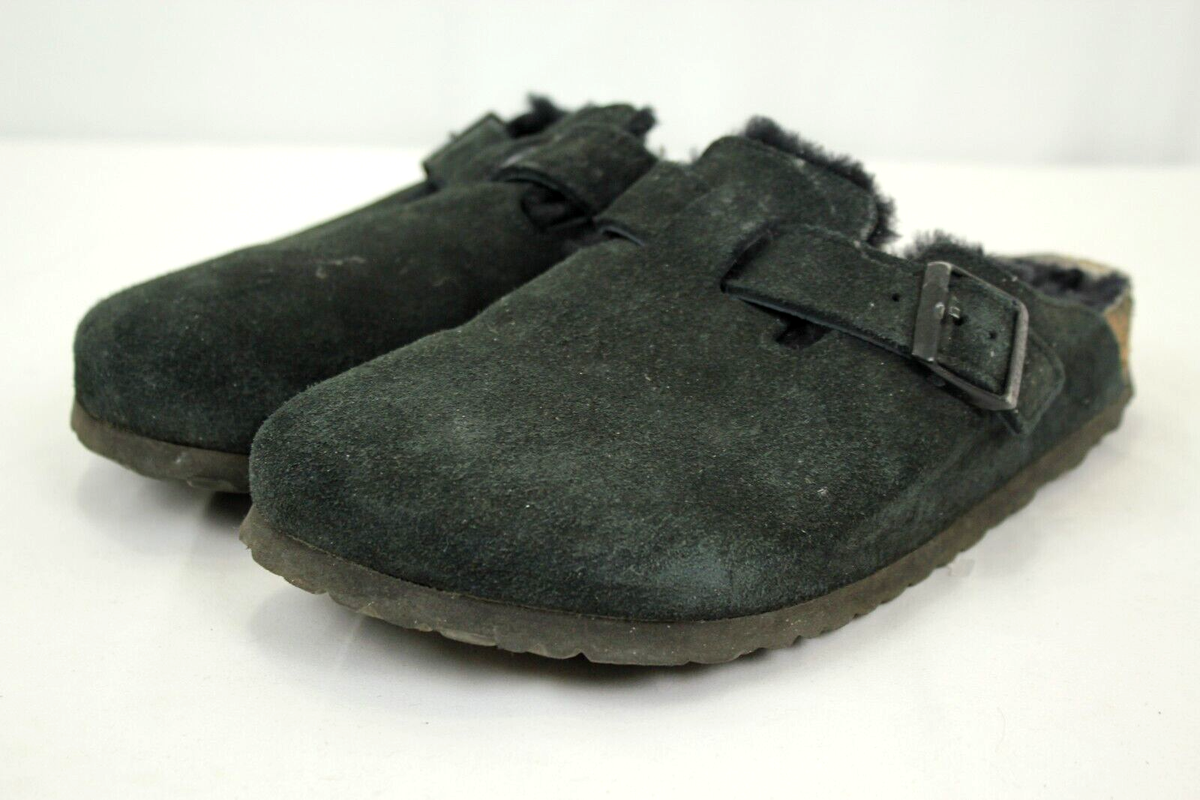 BIRKENSTOCK BOSTON BLACK NUBUCK LEATHER SHERPA CLOSED TOE SANDLES