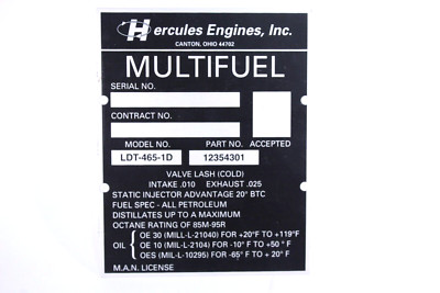 HERCULES ENGINES MULTIFUEL DATA PLATE MODEL LDT-465-1D 12354301