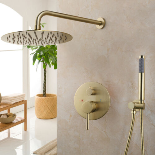 8”Brushed Gold Shower Faucet Set Round Rain Head Mixer Valve Hand Held Spray Tap - Picture 1 of 11