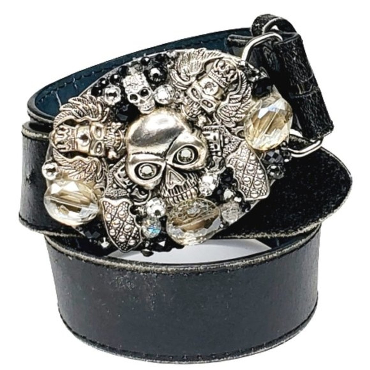 Gothic Skull Embellished Silver Handcrafted Buckle & Earring Srk. Crystals. Gothic Silver Skull Earrings with Teardrop Patina Crystals  main image 2