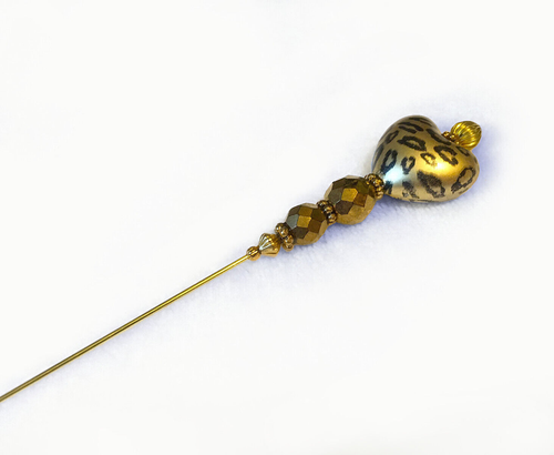 HATPIN with GOLD PANTHER HEART and 2 CRYSTALS on Gold Setting - 8" Hat pin - Picture 9 of 12