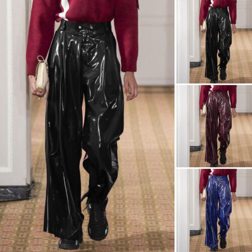 Męskie jesienne spodnie ze sztucznej skóry proste nogawki długie trouery wet look rekreacyjne luźne spodnie - Zdjęcie 1 z 15