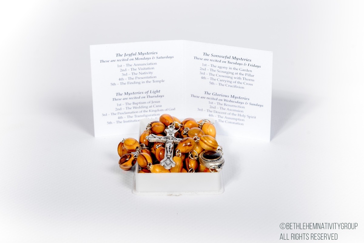 Catholic Jerusalem Holy Land Olive Wood Prayer Beads Rosary With Glass Bottle Holy Soil Cross Crucifix In Wooden Decorative Box - Foto 2