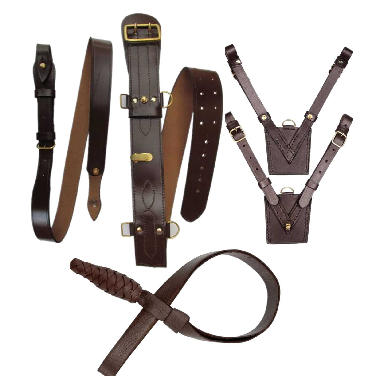 Sam Browne Belt, Sword Frog, Sword Knot, Brown Leather Uniform Accessories Set-3