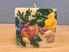 Vintage  Carved Square Pillar Flowers Fruit Wax Candle 3" A1