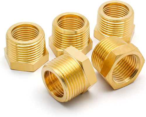5 Pack Brass Hex Reducer Bushings 1/4 Inch NPT Male to 1/8 Inch Female Fittings