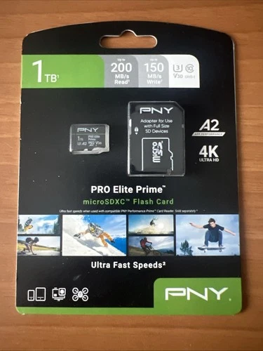 PNY PRO Elite Prime 1TB microSDXC Card 200MB/s 150MB/s A2 V30 4K SD Adapter