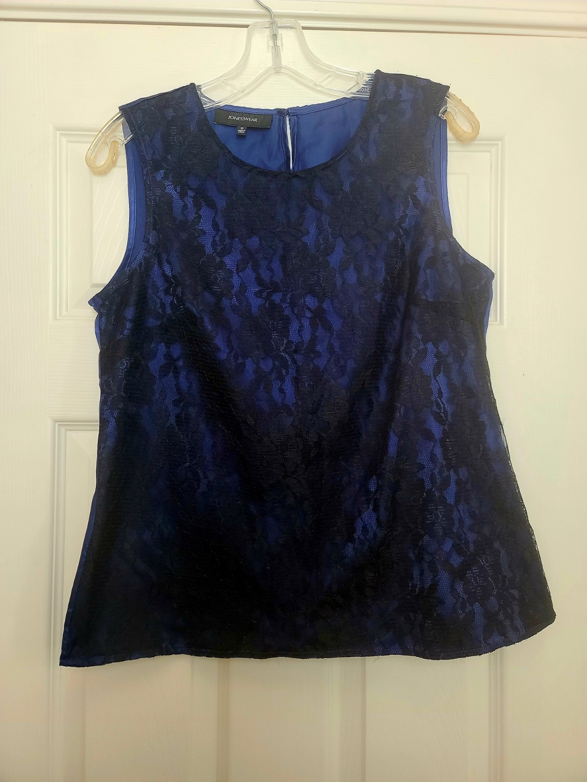 Jones Wear Womens  Top Dark Blue Round Neck Front Lace Blouse 10
