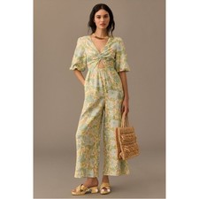 Anthropologie Sancia The Aida Floral Jumsuit XS Wideleg Linen Floral Cutout Boho