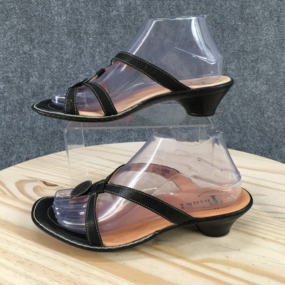 Think Sandals Womens 38 M Slip On Black Brown Leather Open Toe Cone Heels Casual