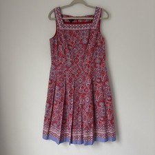 Talbots Dress Women's 8 Red Blue Floral Tile Print Pleated Sleeveless Pockets