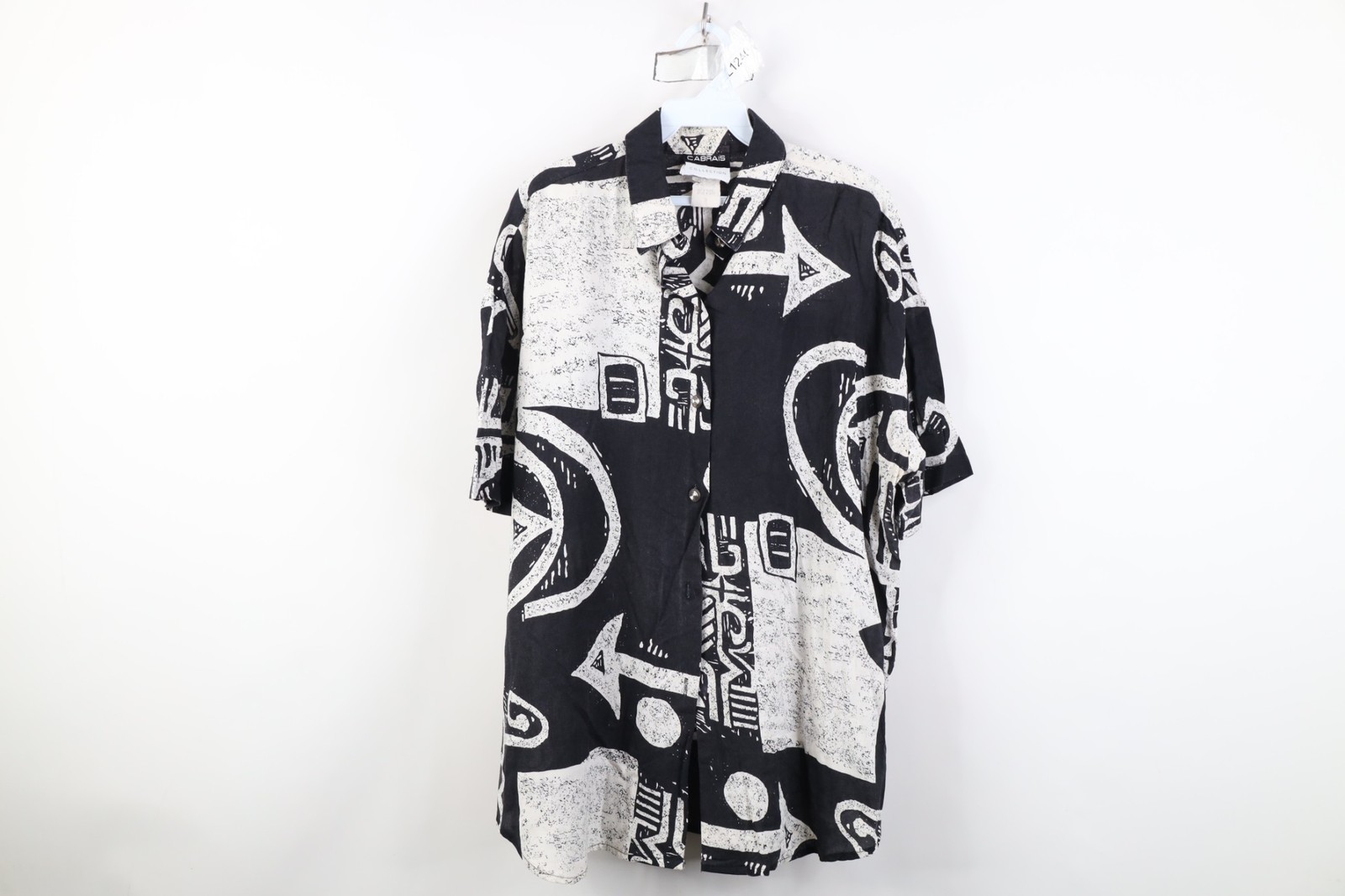 Vtg 90s Streetwear Womens Large Rayon Gabardine Abstract Art Button Shirt USA