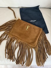 Authentic YSL Saint Laurent Zip Pouch Clutch Bag Brown Suede Tassel Fringe