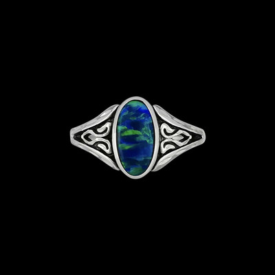 925 Sterling Silver Diamond Cut Oval Blue Opal Cabochon Ring, Iris Accent...