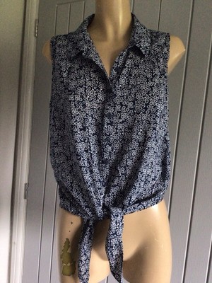 Damen Shirt Bluse Top UK 12 Kragen vorne zum Binden ärmellos marine top