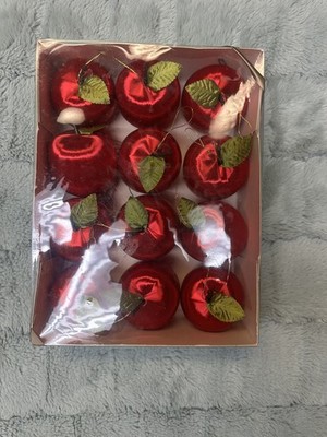 Vintage Rauch Shiny Red Satin Silk Apple  Christmas Ornaments Boxed 12 Count NIB