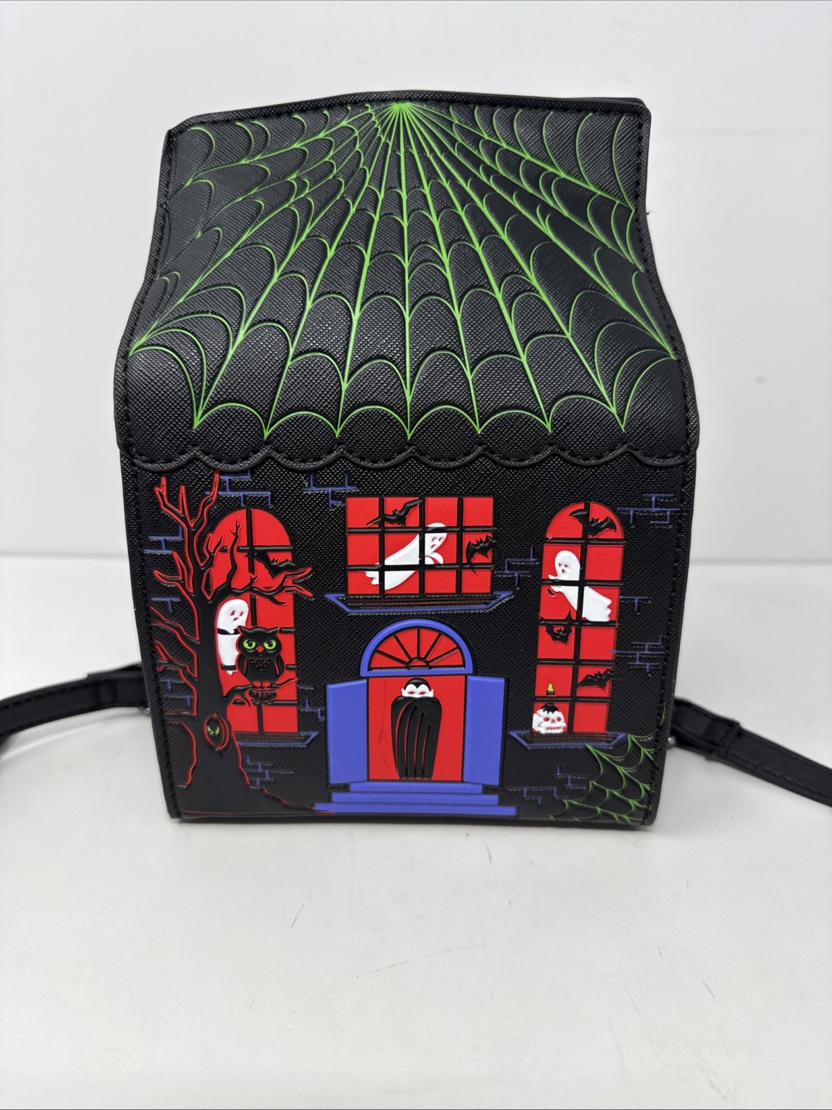 Mad Engine Fine By Me Haunted House Vampire Purse Crossbody Bag Spider Web NWOT