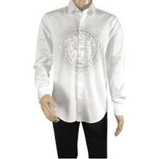 Mens CEREMONIA Shirt 100 Cotton Medusa Medallion Rhine Stones STN 13 VRS white