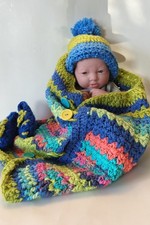 Multiple Colored Baby Cocoon Set, Hand Crocheted Baby Cost, Booties And Hat Set