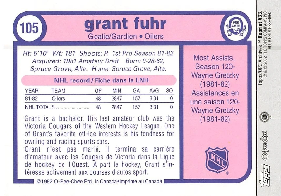 GRANT FUHR 2001-02 TOPPS/O-PEE-CHEE HOCKEY ARCHIVES REPRINT #33 - Image 2 of 2