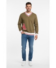 Jack  Jones Mens Capers Khaki Striped Red Trim JJ Champs V-Neck Sweater Size L