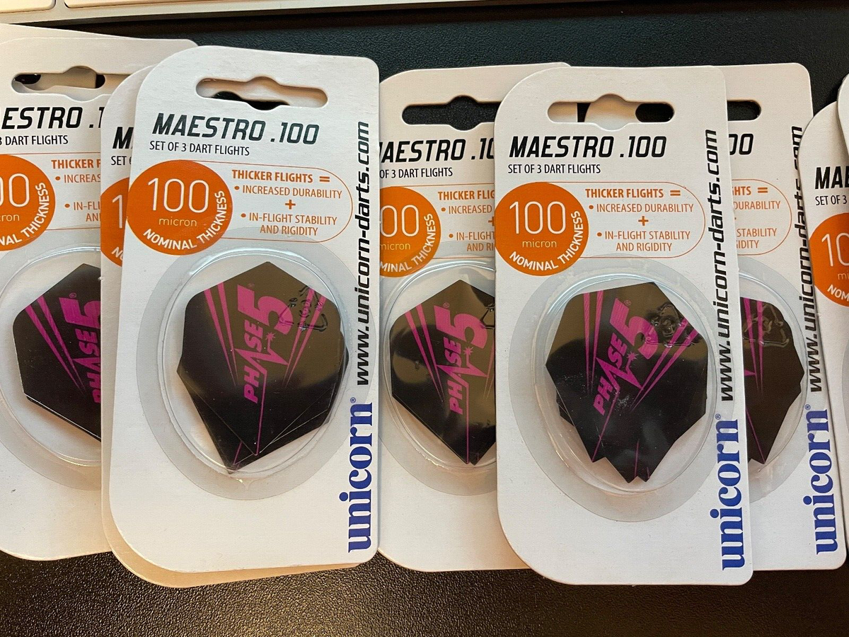 Unicorn Maestro Dart Flights | Phase 5 Black Design | Standard Plus Shape | Ultra Durable 100 Micron Polyester PET