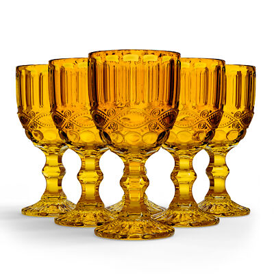 Elle Decor Stylish Glass Goblets, Set of 6 - 8.4oz Stemmed Wine Glasses -Amber