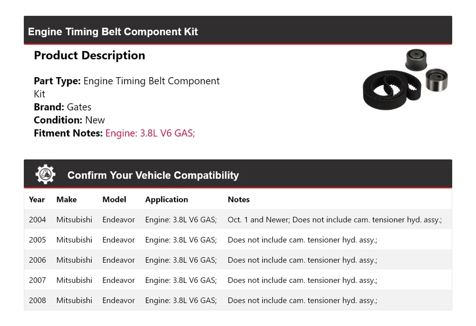 Kit de componentes de correa de distribución para motor Mitsubishi Endeavor 2004-2008 puertas 2005 Foto 2 de 4