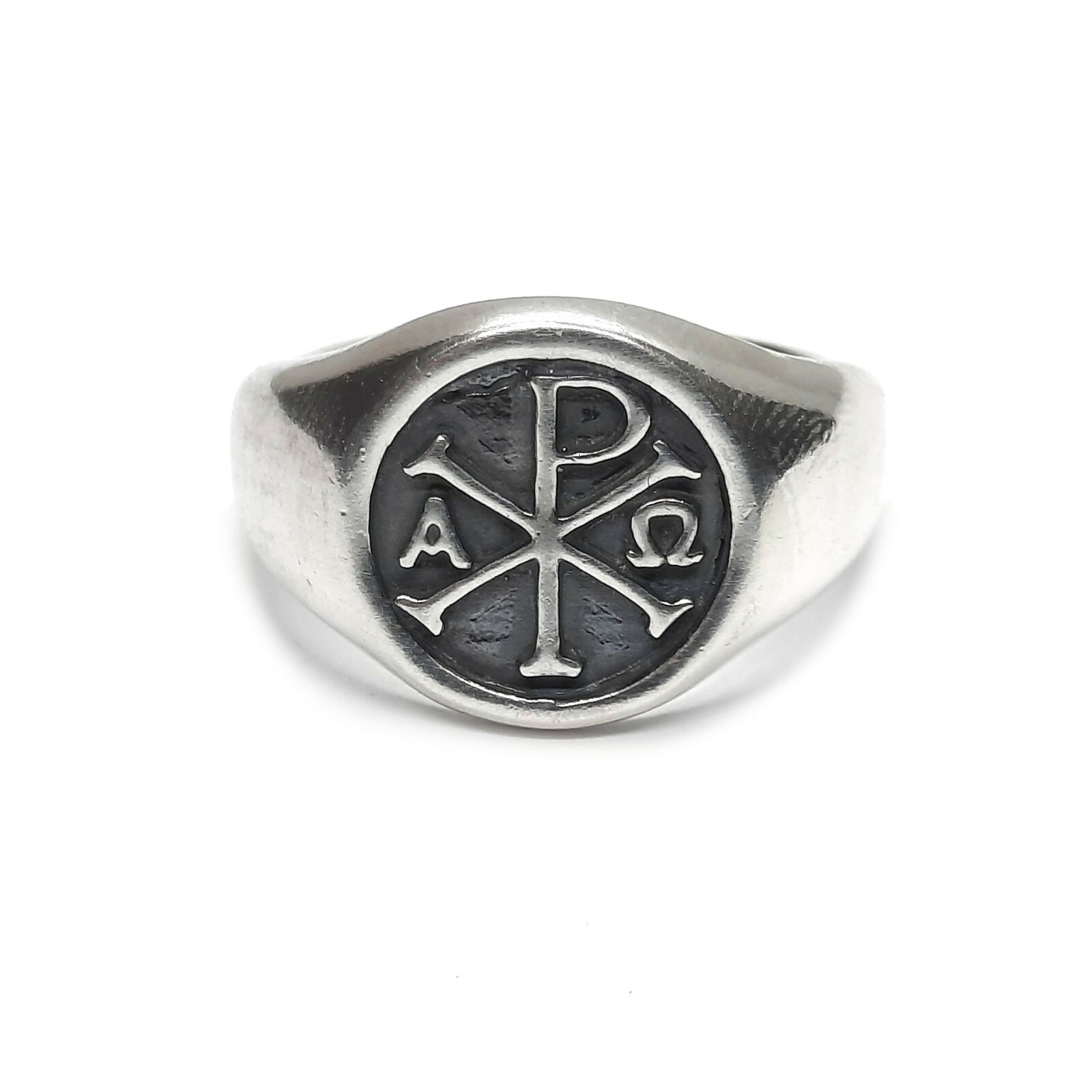Sterling Silber Herren Ring Chi Rho Alpha Omega Massiv Punziert 925