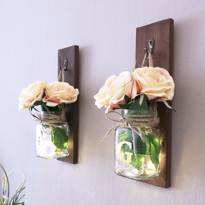 Mason Jar Set Of 2 Sconces Led Lights Rustic Wall Decor Wedding Gift Bathroom Ebay