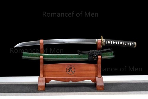 T10 Steel Clay Tempered Wakizashi Double Bo-Hi Sword Copper Tsuba Green Saya - Picture 3 of 10