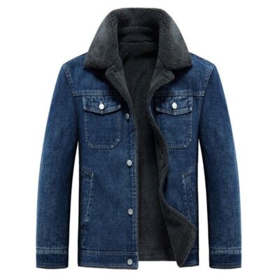 Men Sherpa Fleece Lined Thicken Denim Jacket Winter Lapel Jean